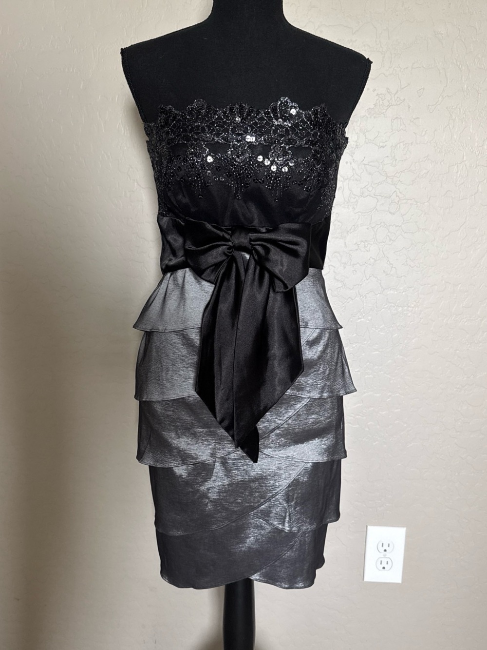 Strapless Black & Silver Tiered Cocktail Dress with Bow